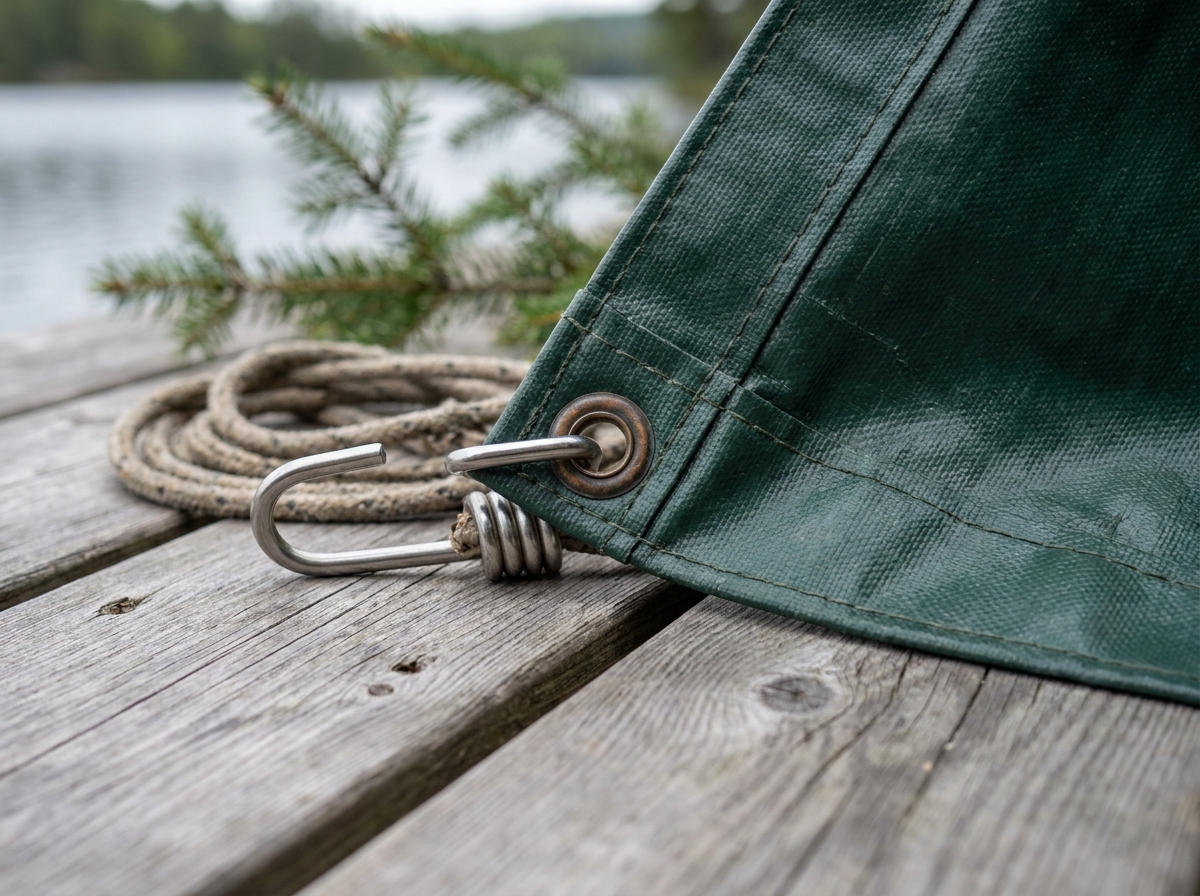 Gros plan sur l'œillet renforcé et la couture double d'une bâche sur mesure verte fixée sur une terrasse en bois