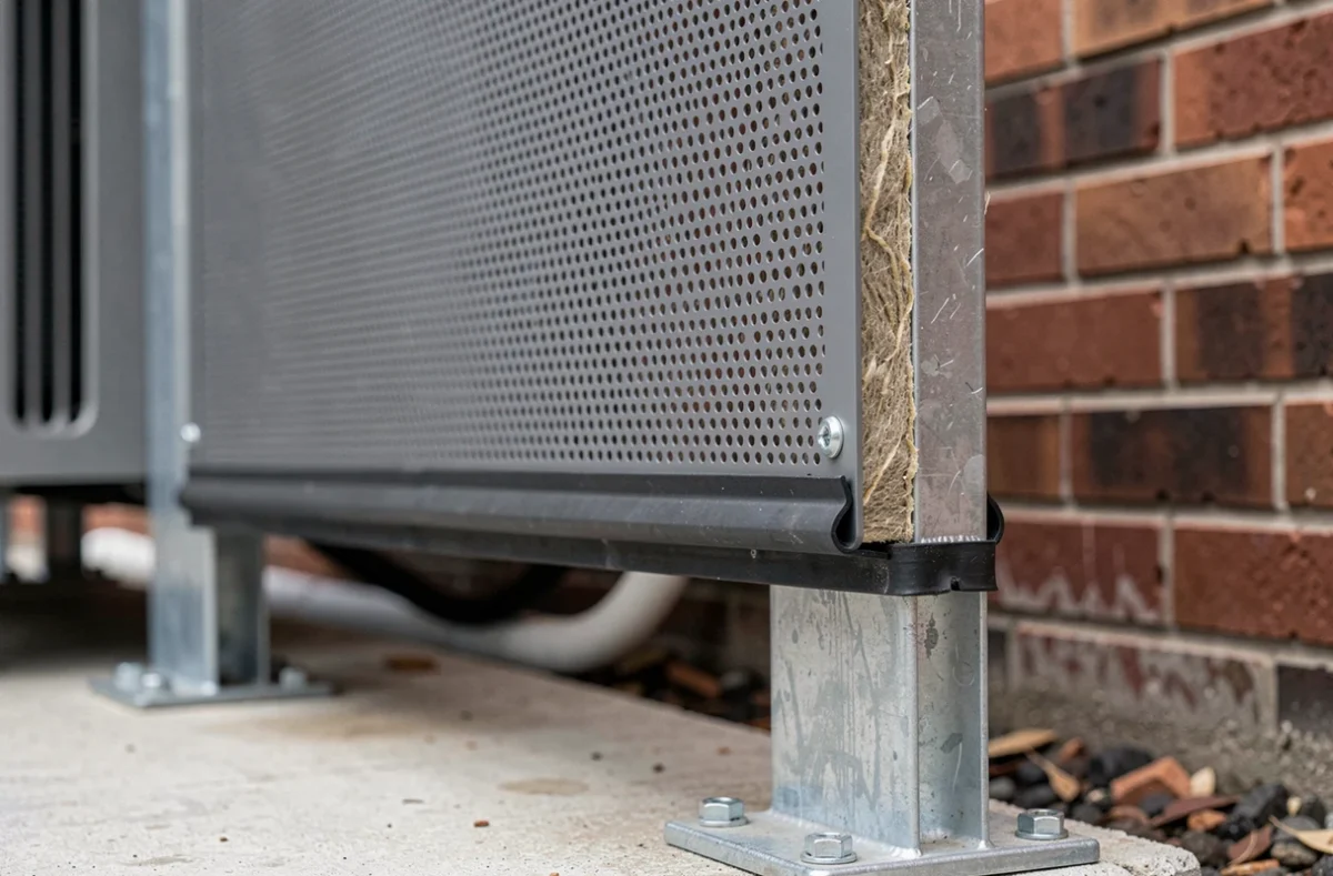 Détail de la construction d'un panneau acoustique modulaire pour pompe à chaleur