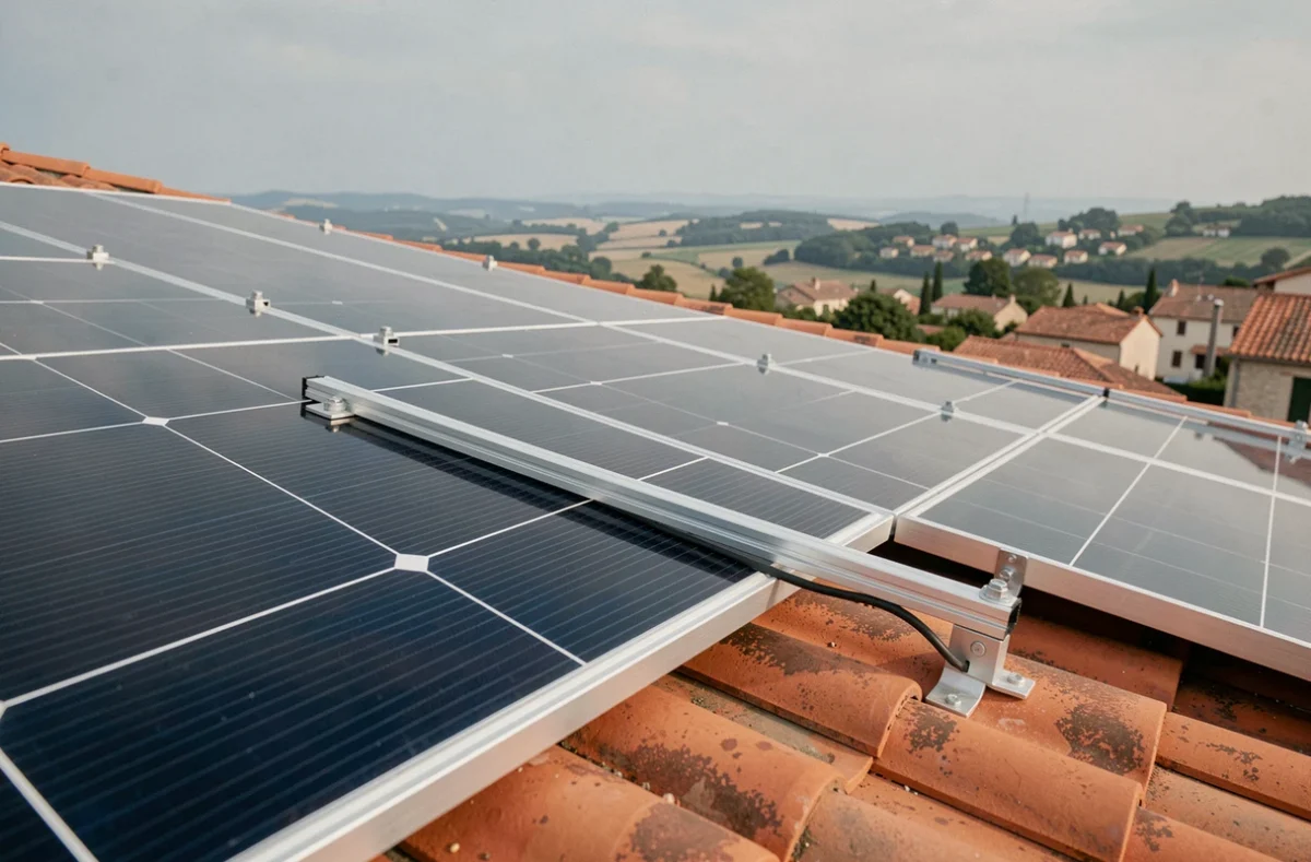 Gros plan sur des panneaux solaires monocristallins installés sur un toit en tuiles dans la région de Béziers