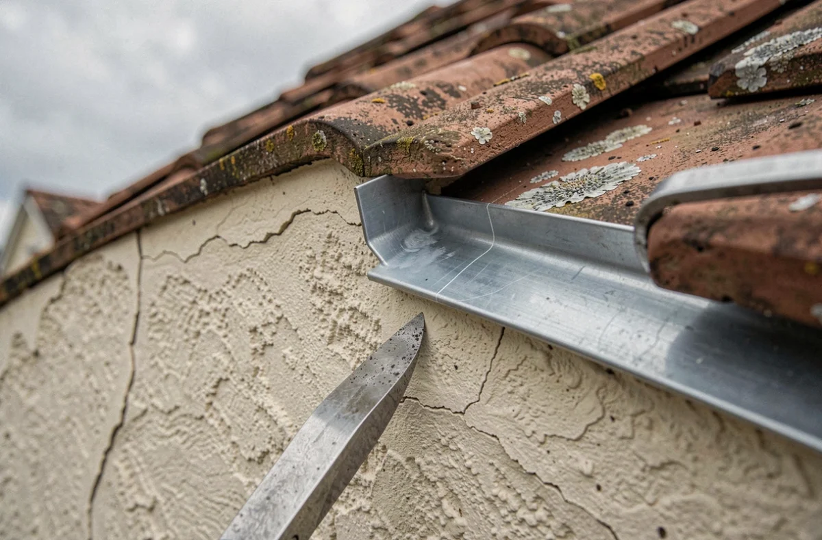Détail d'un nouveau solin en plomb appliqué à la jonction entre un mur enduit et un toit en tuiles lors d'une rénovation