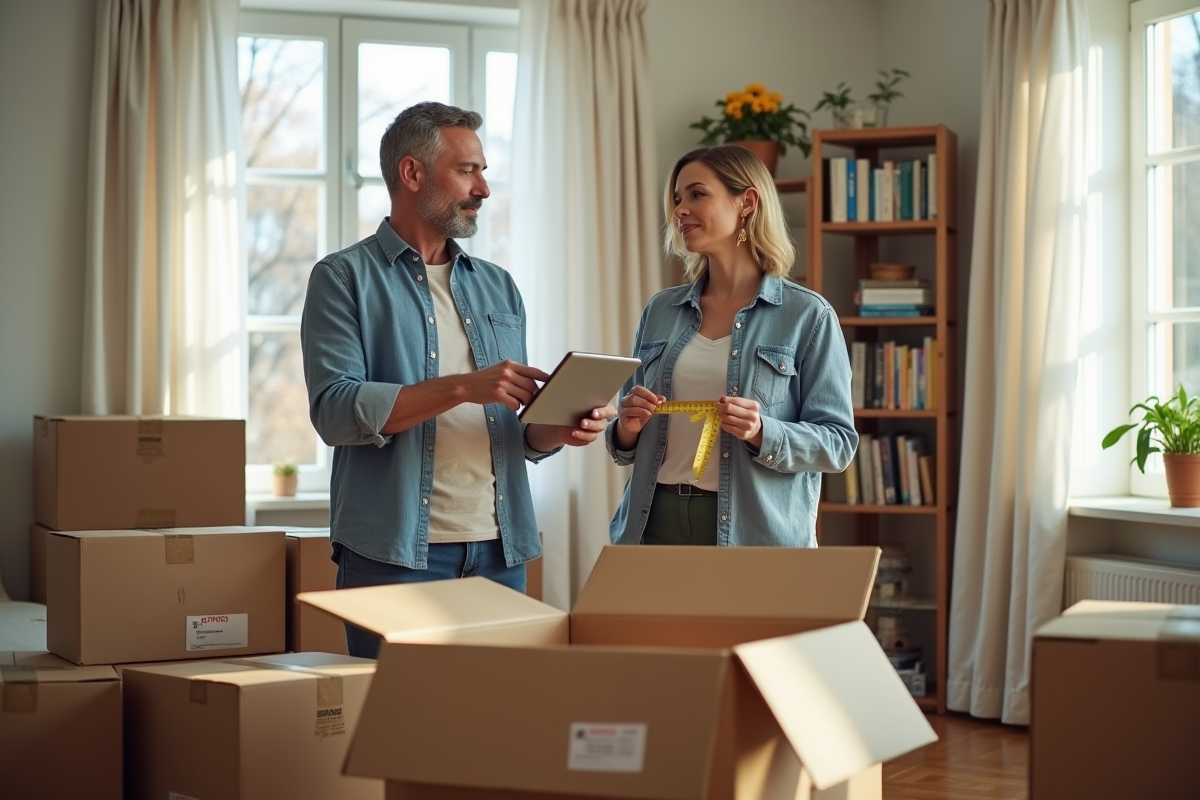 Un couple en pleine organisation de déménagement dans leur salon lumineux
