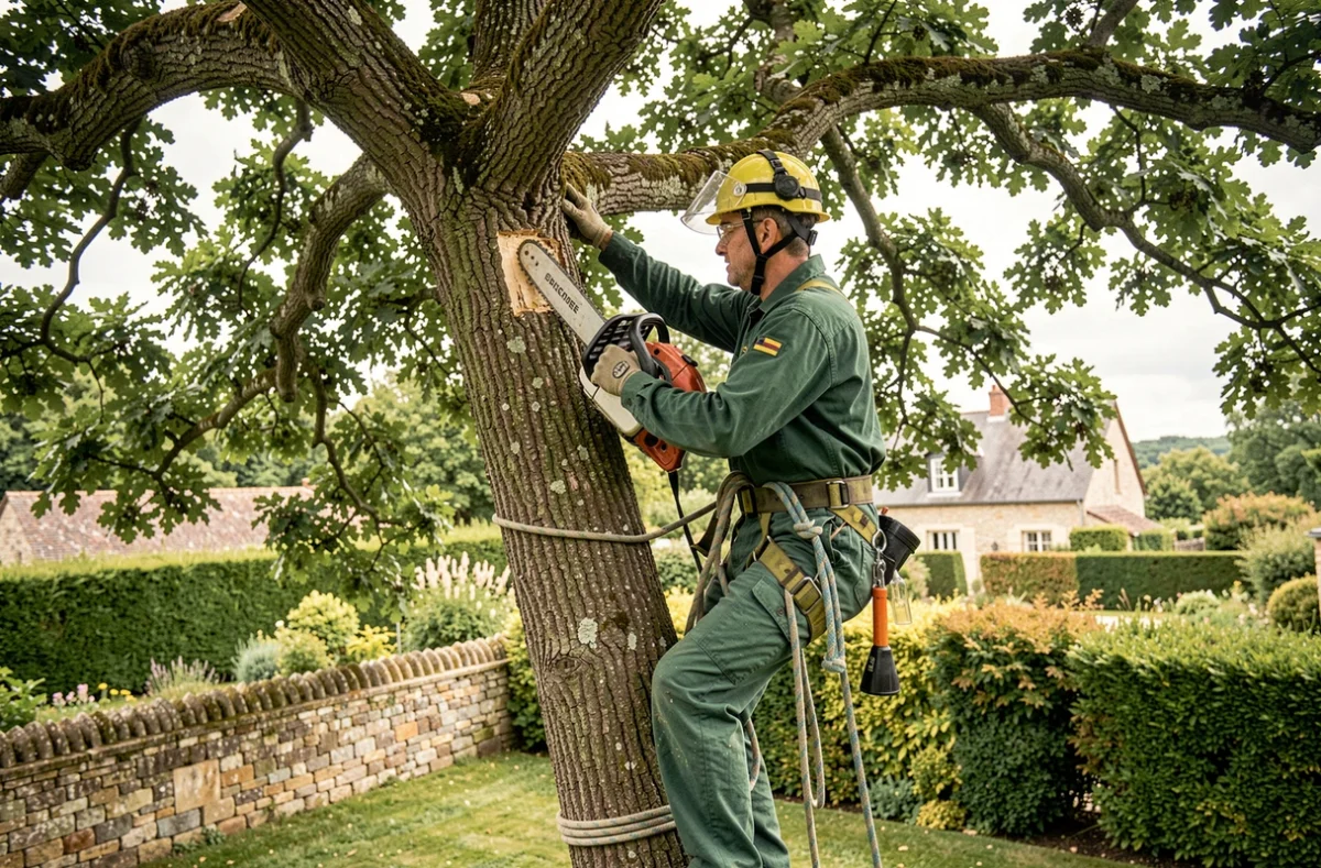 Élagueur professionnel grimpant dans un grand chêne pour élaguer les branches dans un jardin en Charente