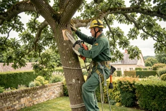 Élagueur professionnel grimpant dans un grand chêne pour élaguer les branches dans un jardin en Charente