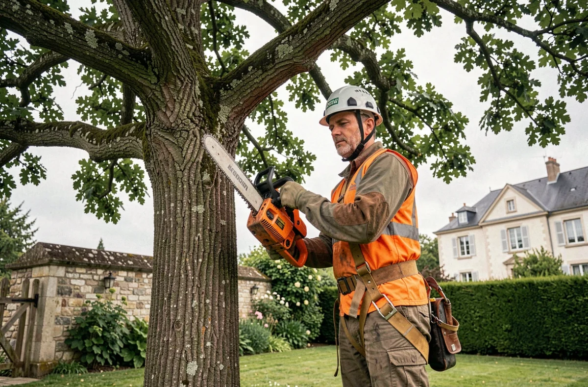 Élagueur professionnel en sécurité dans un chêne lors d'une intervention d'élagage à Tours