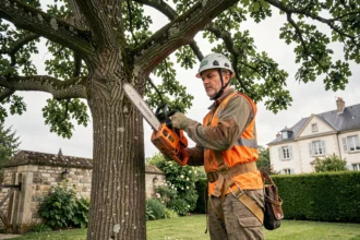 Élagueur professionnel en sécurité dans un chêne lors d'une intervention d'élagage à Tours