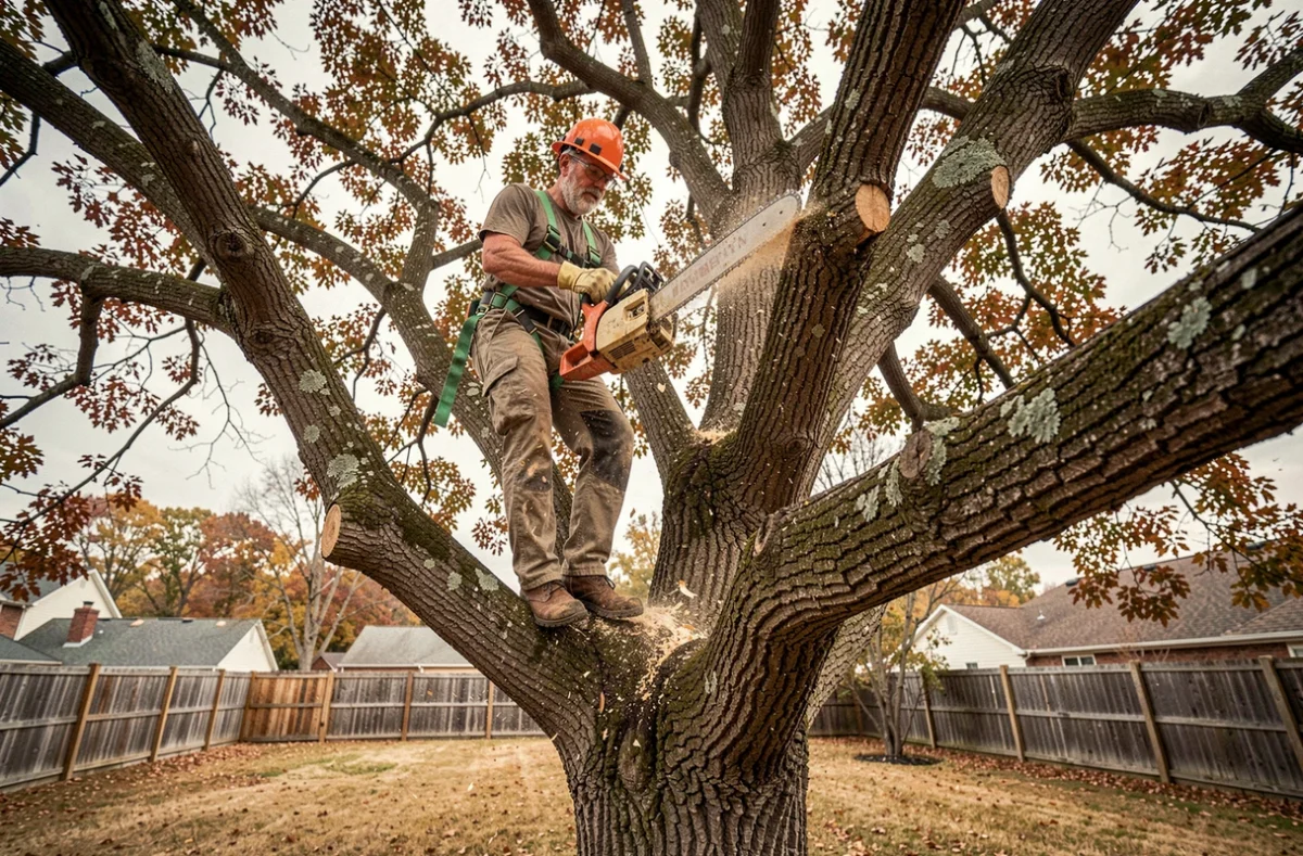 Élagueur professionnel perché dans un grand chêne en train de couper des branches avec une tronçonneuse en milieu résidentiel