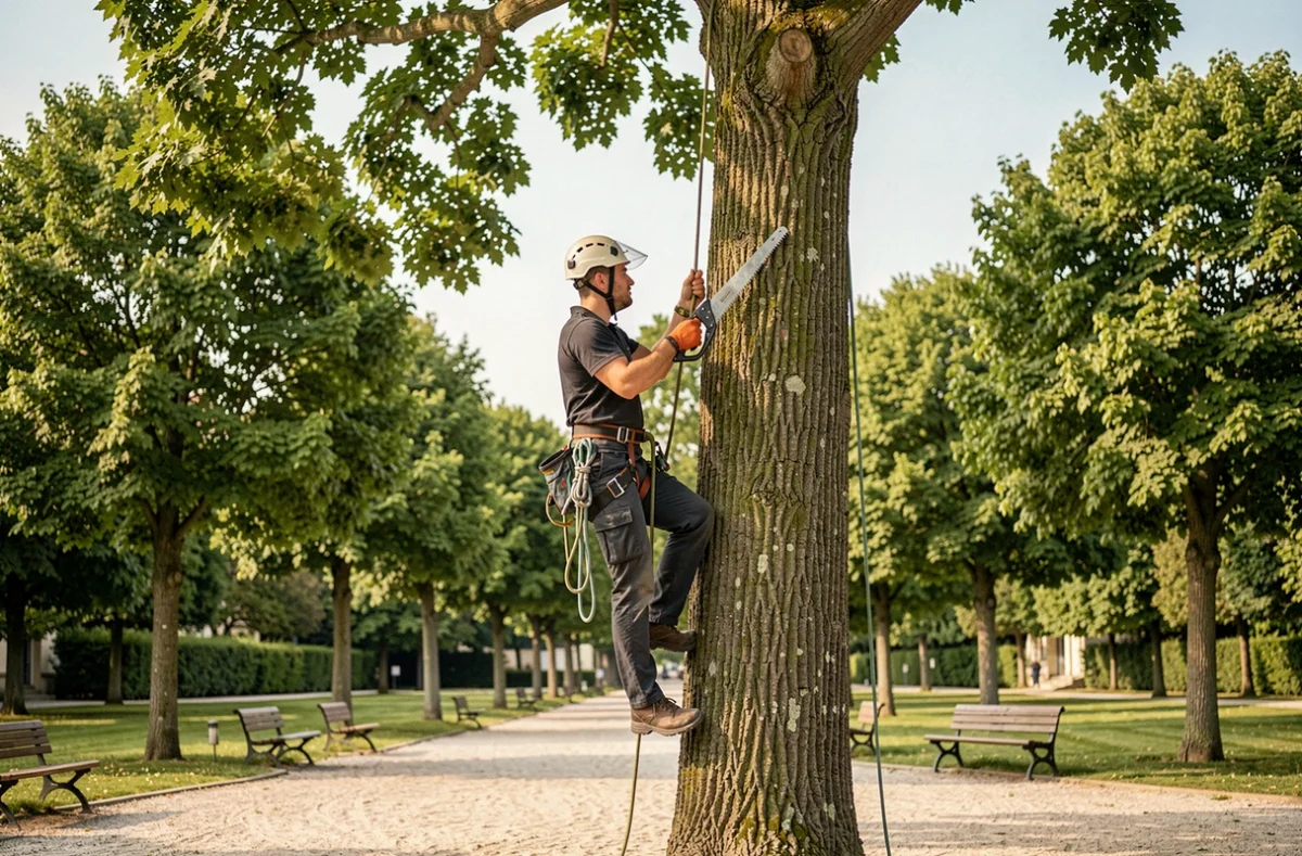 Élagueur en rappel sur un peuplier dans un parc urbain de Tours lors d'une opération d'élagage