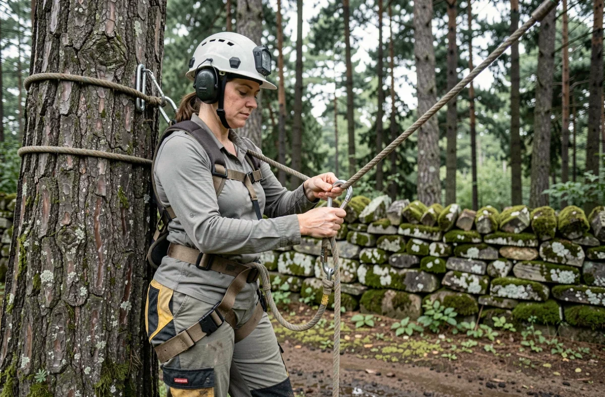 Femme élagueur avec harnais d'escalade et casque de protection fixant une corde autour d'un pin dans un espace boisé