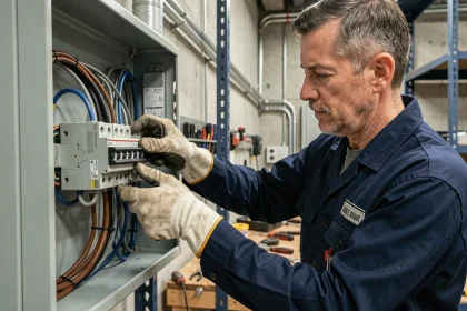 Électricien connectant les fils d'un branchement triphasé 4 fils dans un tableau électrique industriel