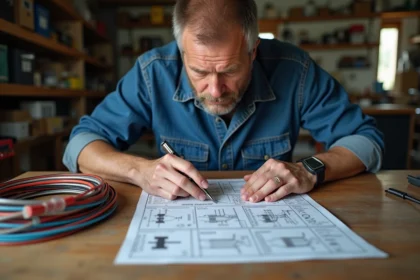 Électricien homme examinant un tableau électrique dans un atelier