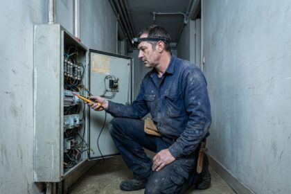 Électricien inspectant le tableau électrique d'un appartement locatif, vérification des disjoncteurs avec un testeur de tension