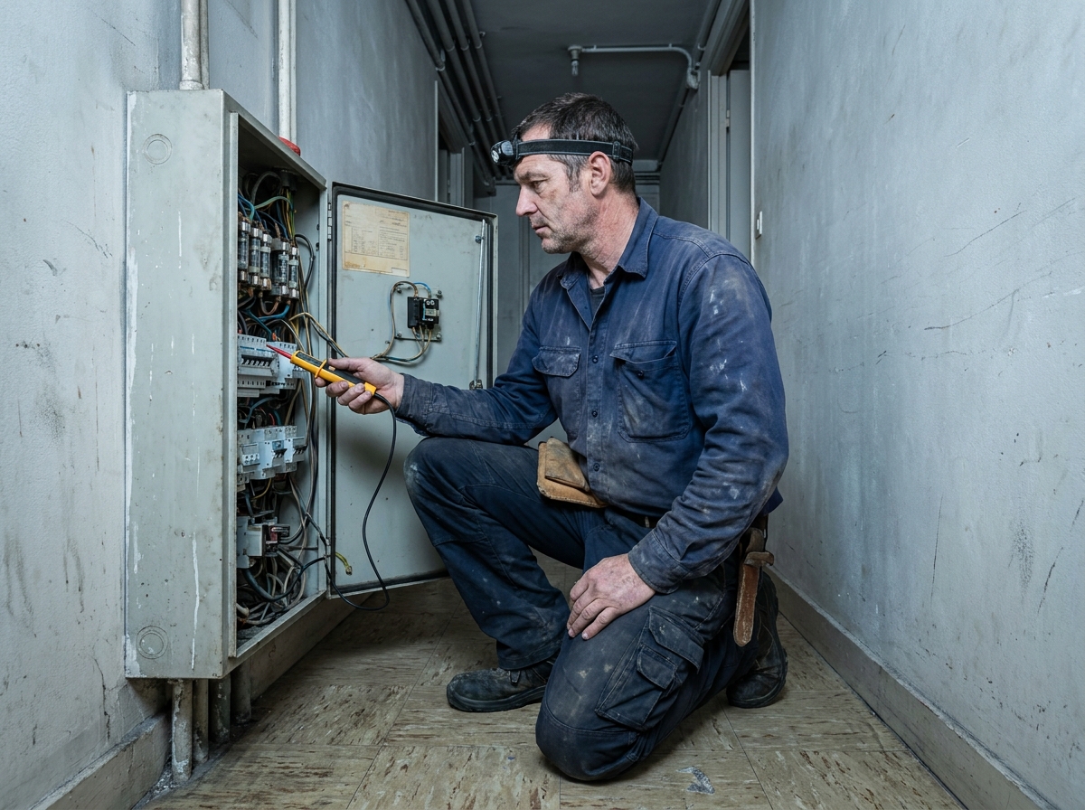 Électricien inspectant le tableau électrique d'un appartement locatif, vérification des disjoncteurs avec un testeur de tension