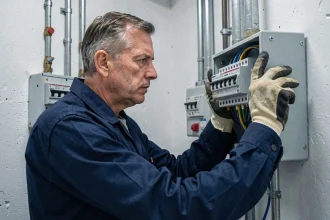 Électricien inspectant un tableau électrique pour prévenir les risques d'incendie électrique