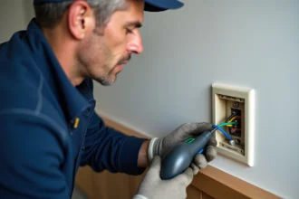Électricien examinant les fils d'une prise murale avec un testeur de tension, révélant les câbles bleu, vert-jaune et marron