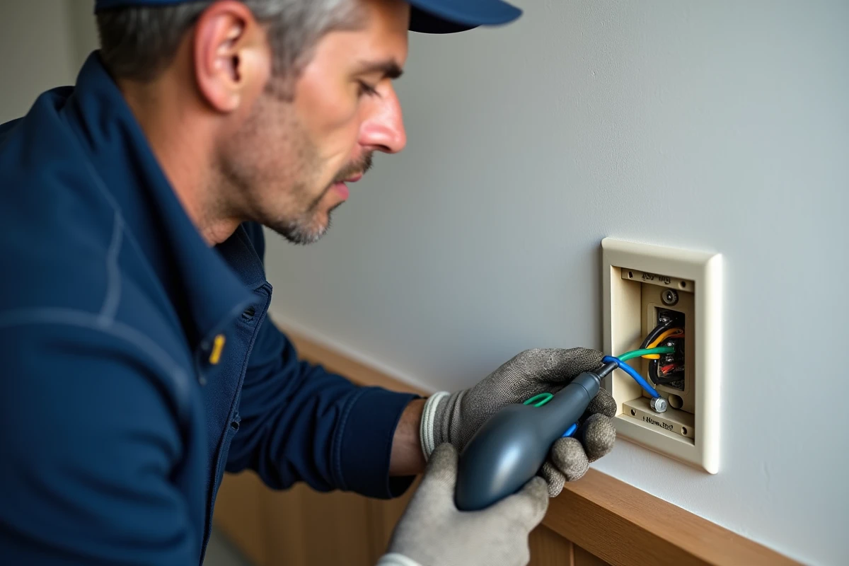 Électricien examinant les fils d'une prise murale avec un testeur de tension, révélant les câbles bleu, vert-jaune et marron