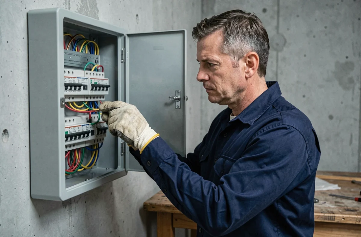 Électricien en train de vérifier le câblage d'un tableau électrique résidentiel avec des gants isolants