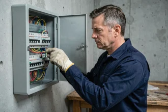 Électricien en train de vérifier le câblage d'un tableau électrique résidentiel avec des gants isolants