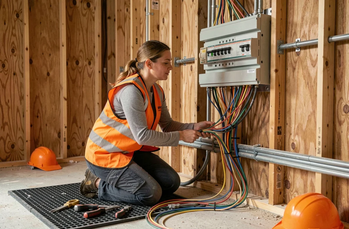 Électricienne organisant les câbles colorés avant le raccordement à un tableau de distribution sur chantier