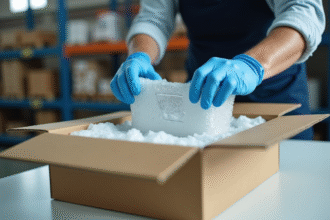 Employé emballant un vase fragile avec du papier bulle dans un entrepôt lumineux