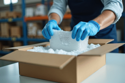 Employé emballant un vase fragile avec du papier bulle dans un entrepôt lumineux