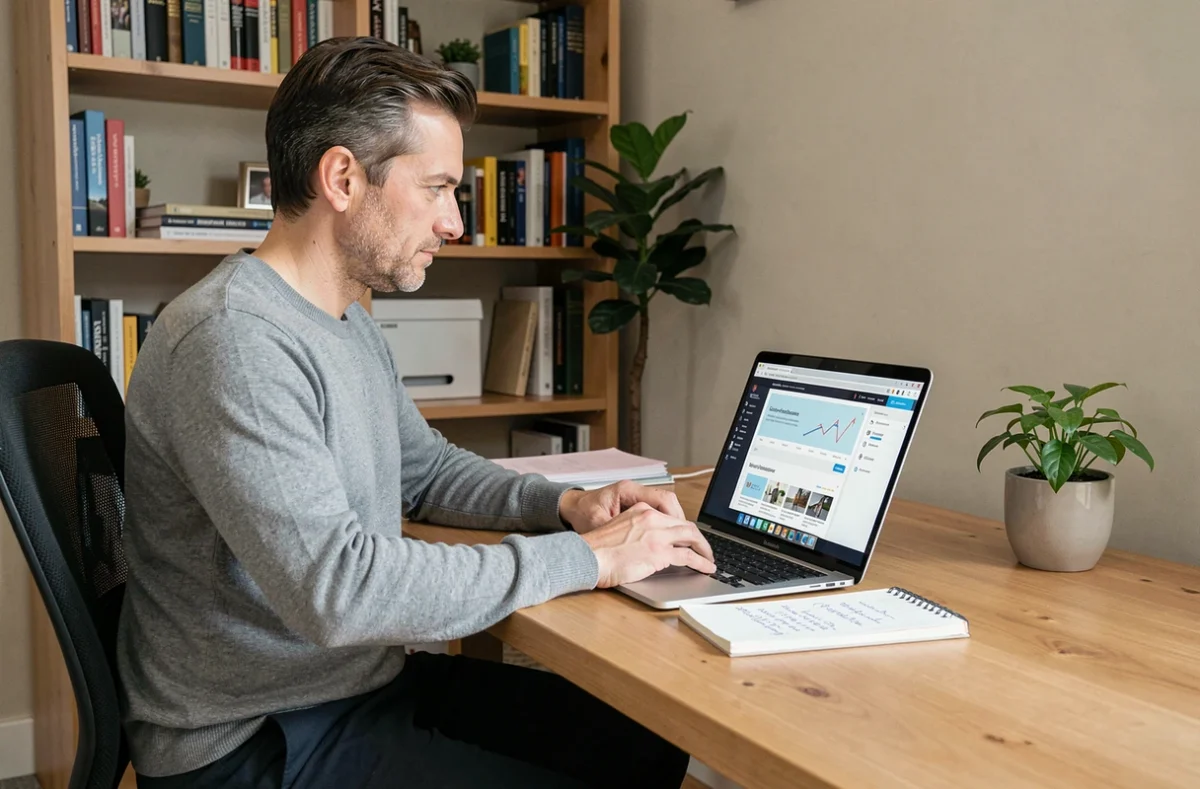 Employeur déclarant sa femme de ménage sur le site CESU en ligne depuis son bureau à domicile