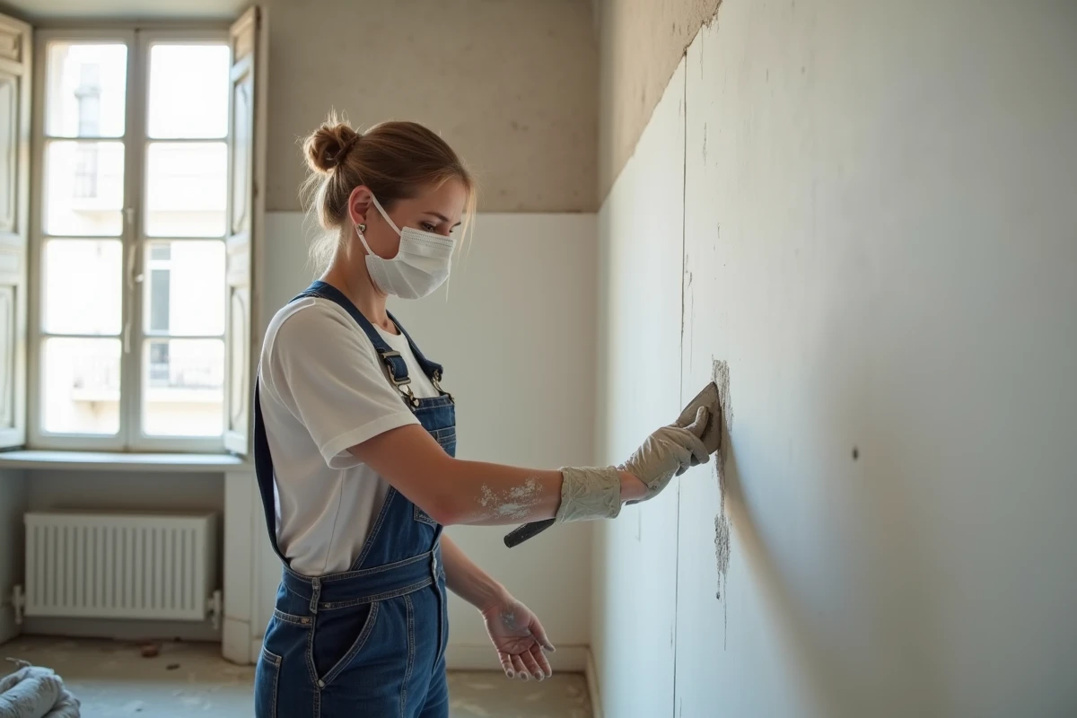Femme artisan appliquant de l'enduit de jointement sur une cloison Placo nouvellement posée dans un appartement en rénovation