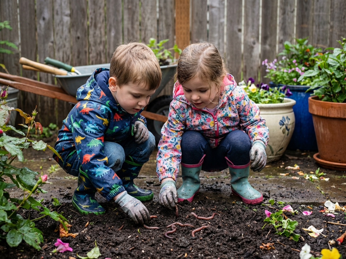 Deux enfants regardant des vers de terre dans le jardin