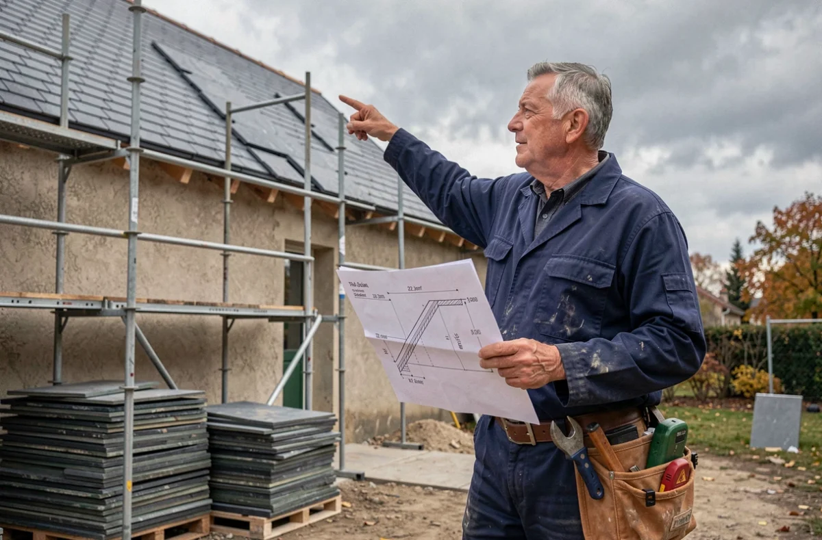 Entrepreneur couvreur sur un chantier de rénovation présentant des plans de pente pour une toiture en ardoises en climat de pluie