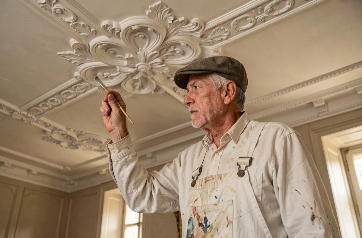 Artisan de l'Entreprise A. Graffin peignant des moulures en plâtre ornées au plafond d'un appartement bourgeois parisien
