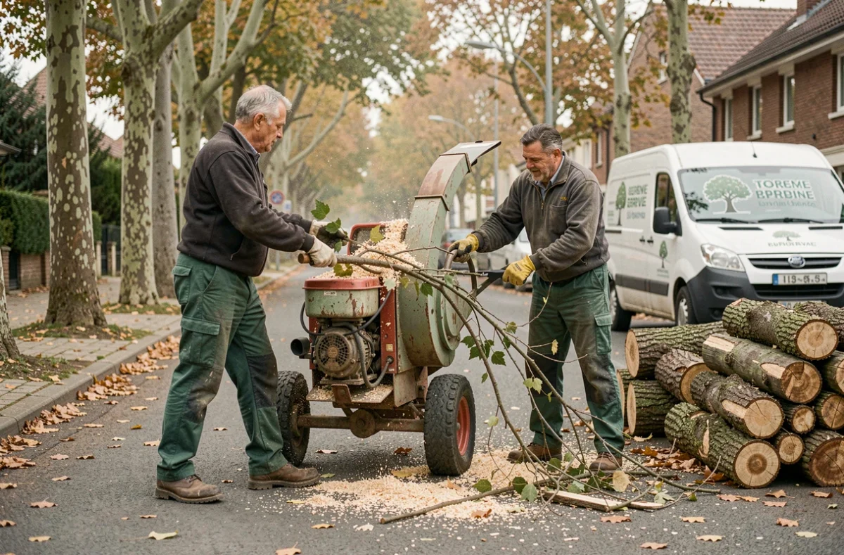 Équipe d'élagueurs utilisant un broyeur de branches lors d'une prestation d'élagage en milieu urbain à Tours