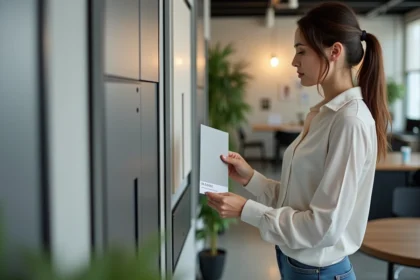 Femme examine un nuancier RAL 9006 dans un showroom moderne