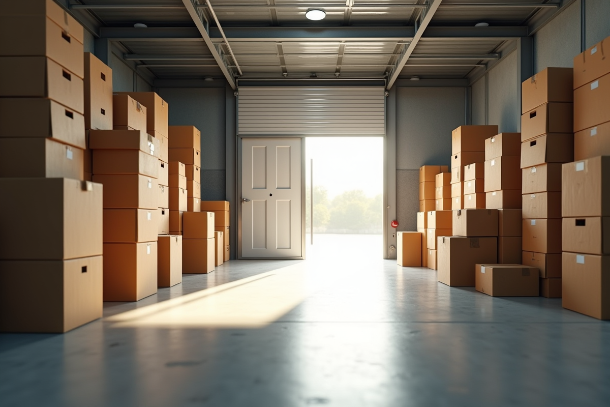 Espace de stockage organisé avec cartons et lumière naturelle