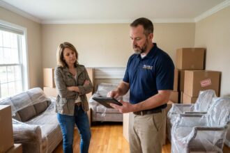 Déménageur professionnel estimant le coût d'un déménagement dans un salon encombré de cartons
