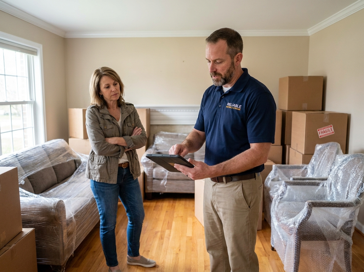 Déménageur professionnel estimant le coût d'un déménagement dans un salon encombré de cartons