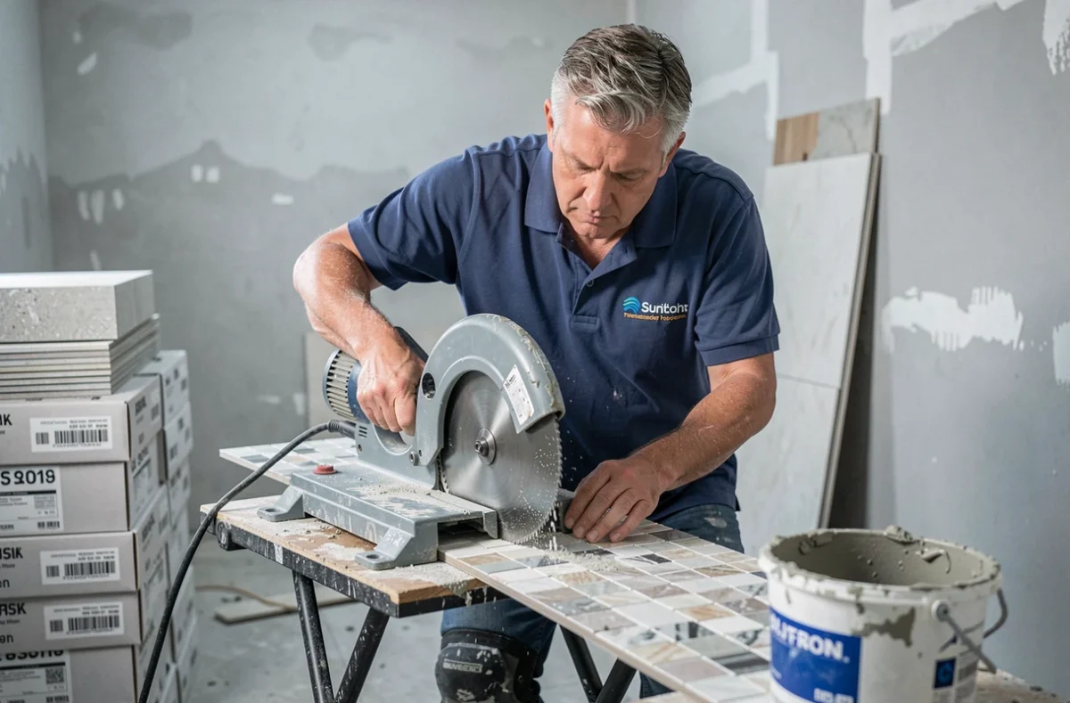 Carreleur d'Euro Carrelages Services découpant des carreaux de mosaïque sur un chantier de salle de bain en Moselle