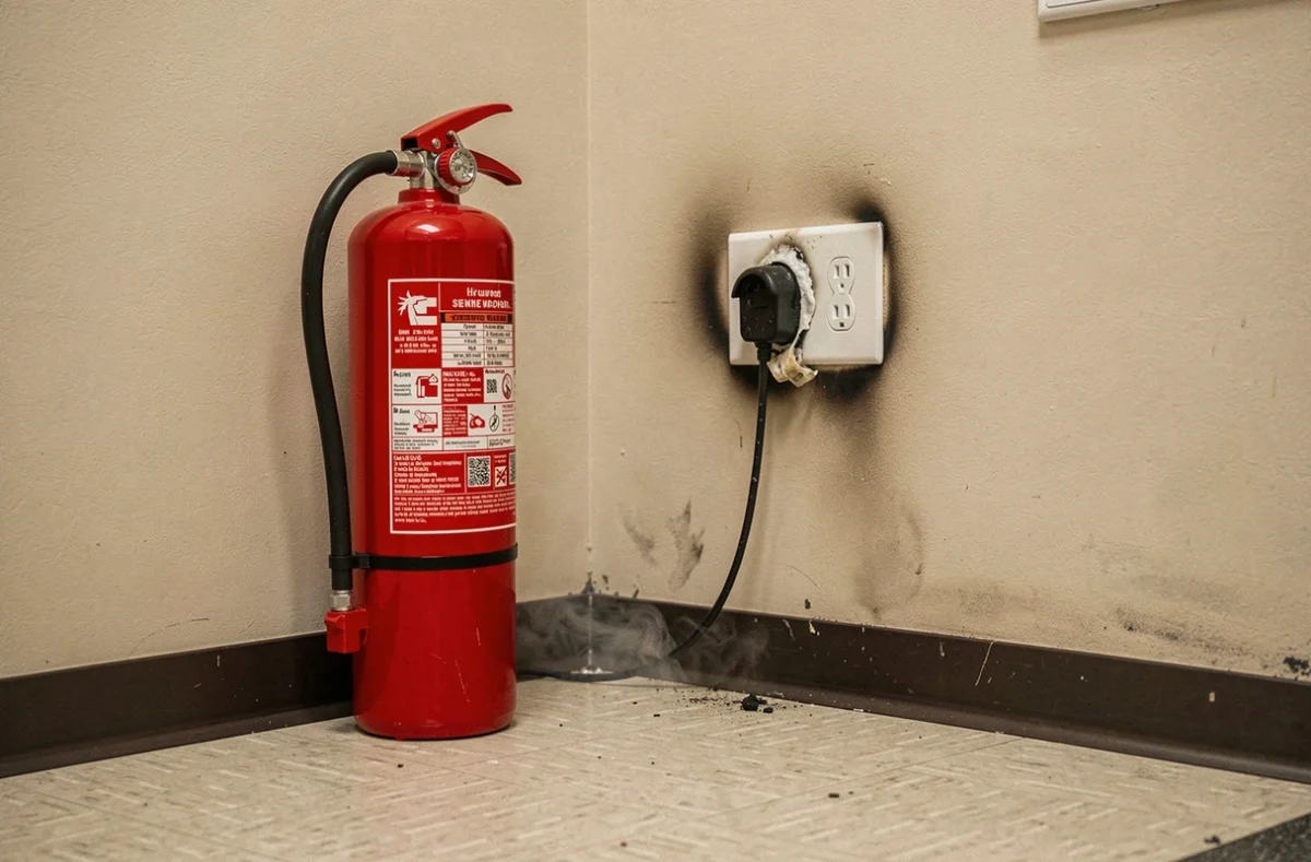 Extincteur rouge positionné près d'une prise électrique endommagée par un début d'incendie