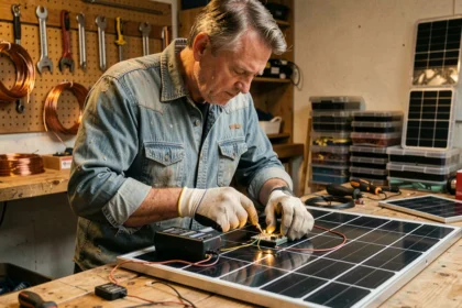 Homme bricoleur assemblant un panneau solaire fait maison dans un garage, avec des outils et des cellules photovoltaïques sur un établi en bois