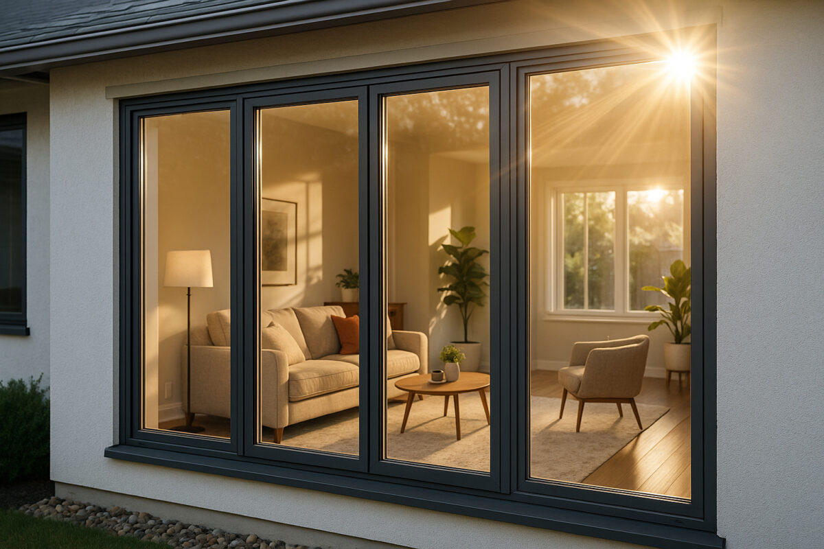 Façade de maison moderne avec fenêtres écoénergétiques lumineuses