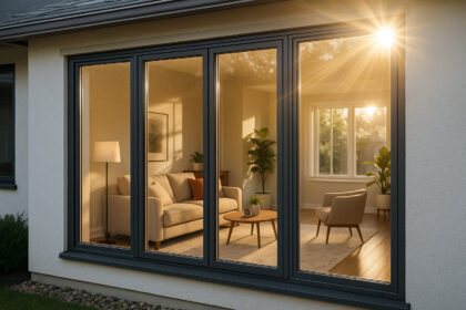 Façade de maison moderne avec fenêtres écoénergétiques lumineuses