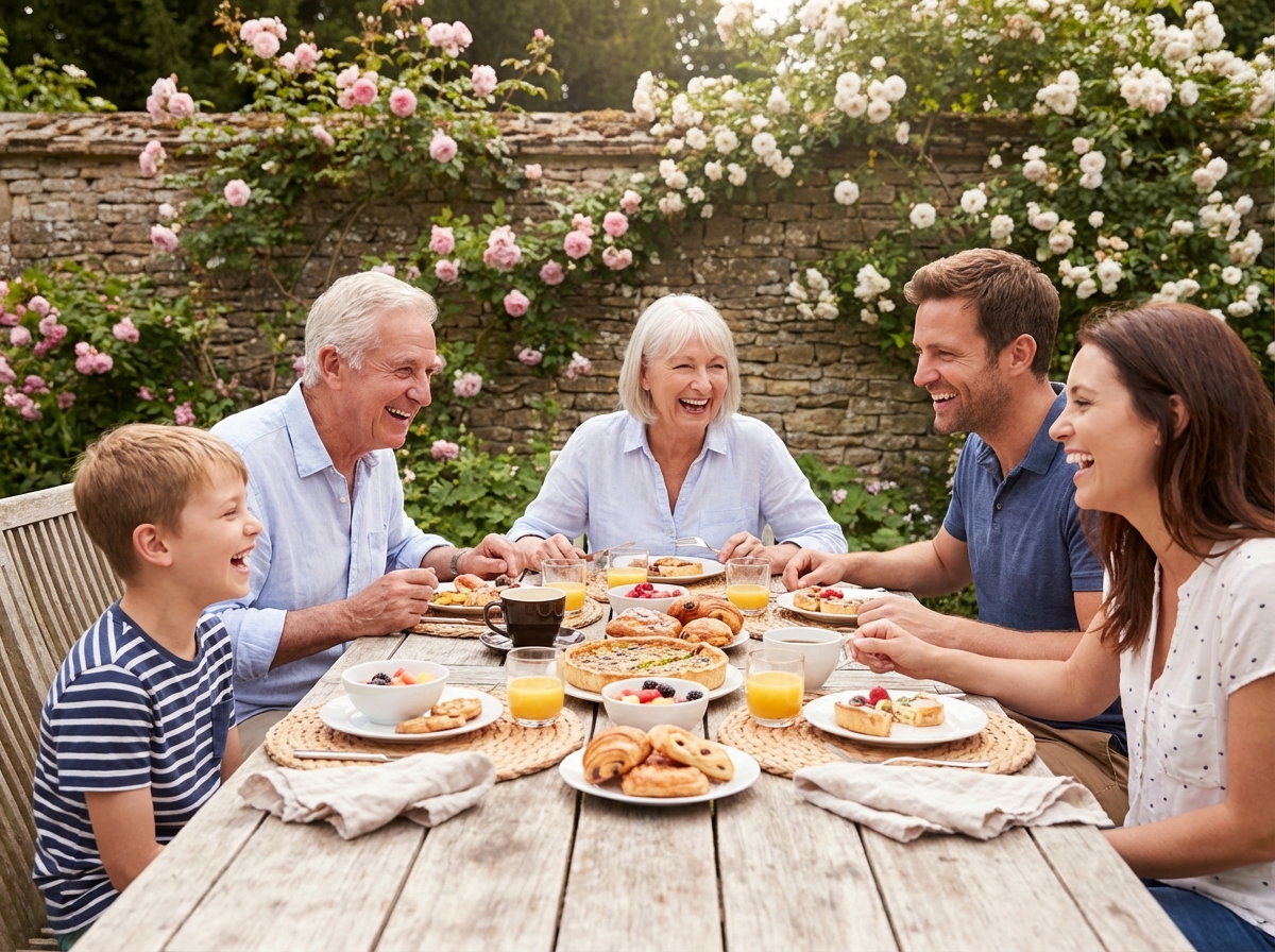 Famille souriante partageant un brunch dans un jardin cosy