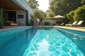 Famille discutant près d'une piscine moderne dans le jardin