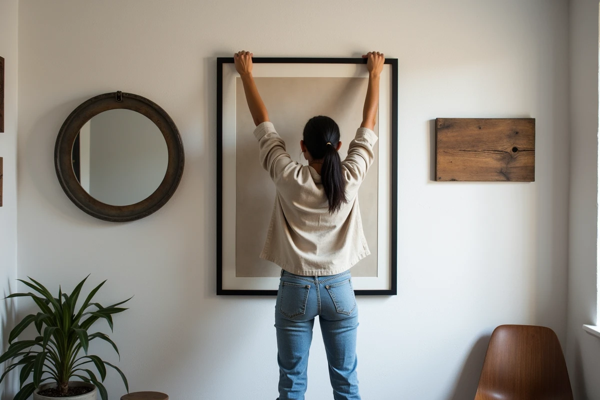 Femme accrochant un tableau encadré acier sur un mur blanc dans un intérieur décoré style industriel