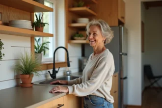 Femme ajustant des étagères dans une cuisine accessible