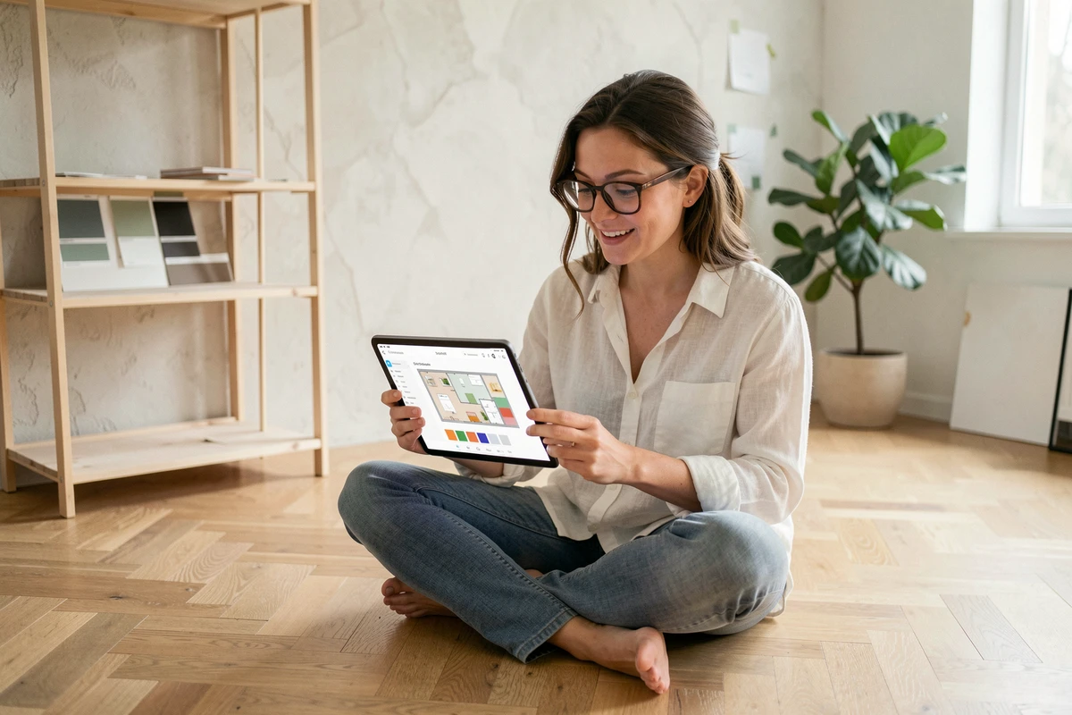 Femme utilisant une application de décoration intérieure sur tablette dans un salon en cours d'aménagement avec parquet clair et murs en plâtre brut