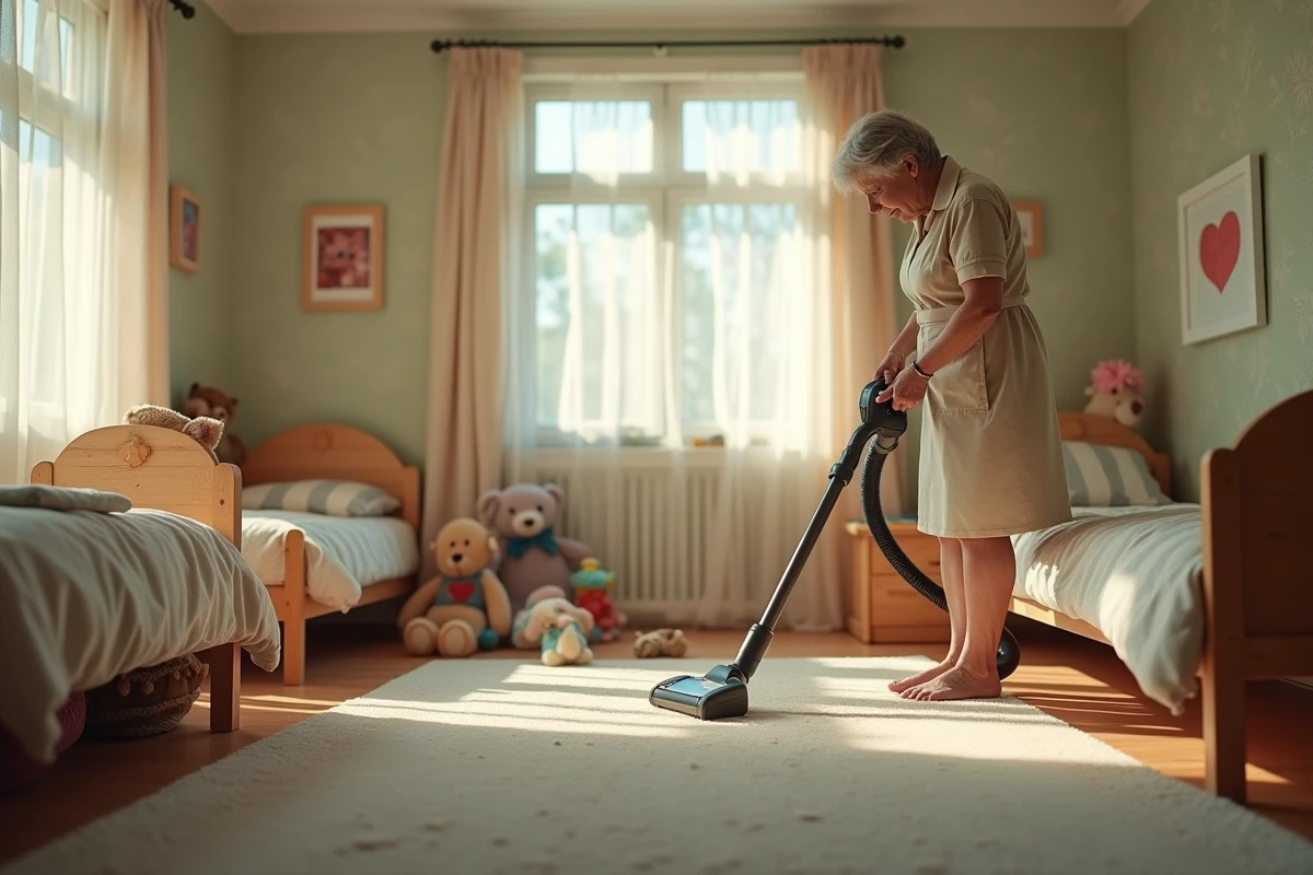 Femme de ménage aspirant une chambre d