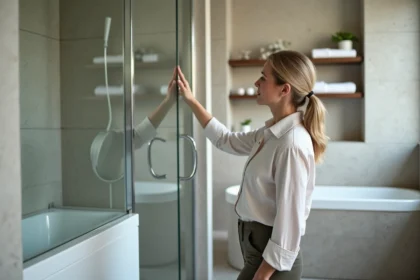 Femme d'âge moyen dans une salle de bain contemporaine