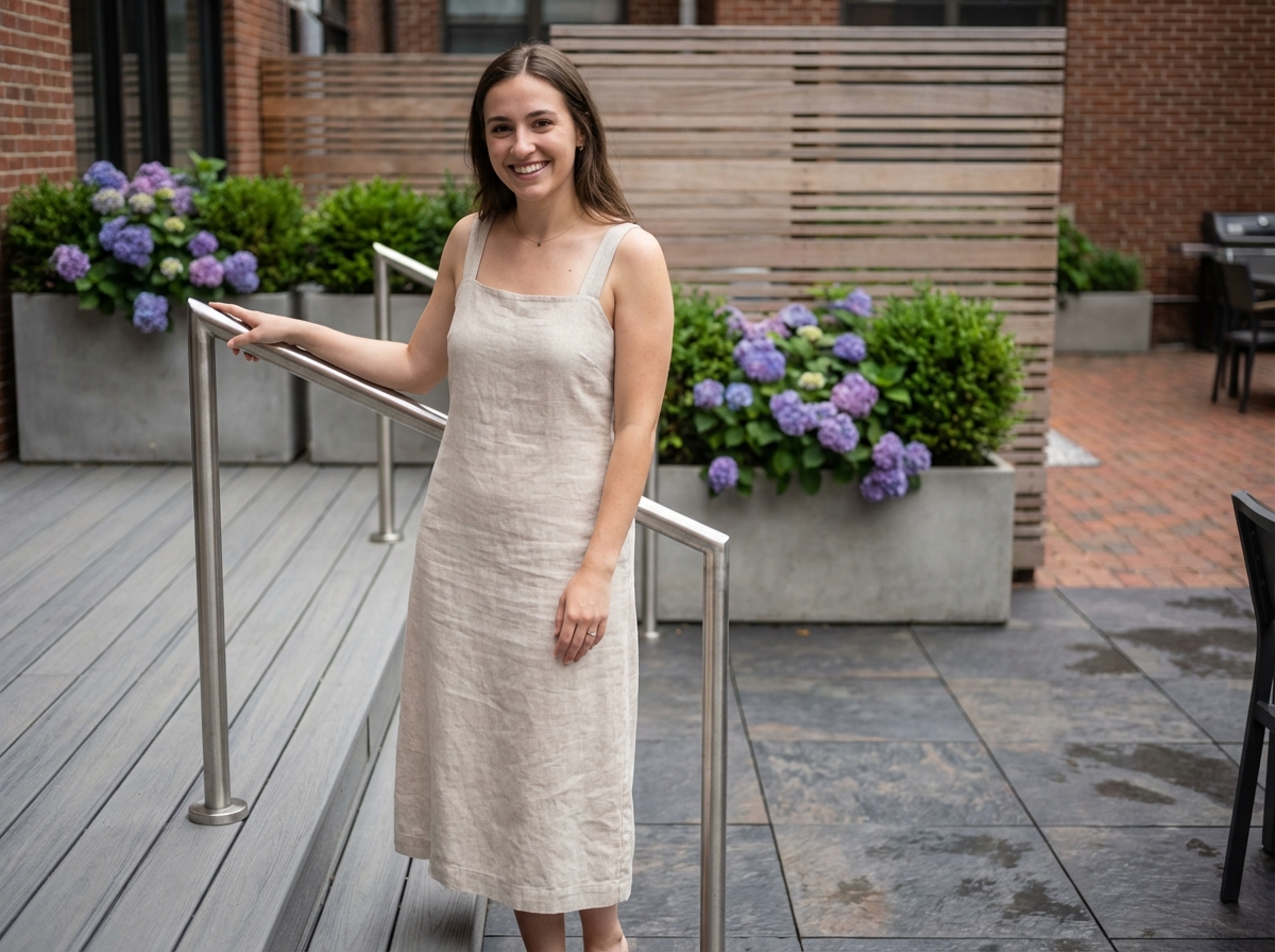 Femme souriante sur un deck en composite moderne
