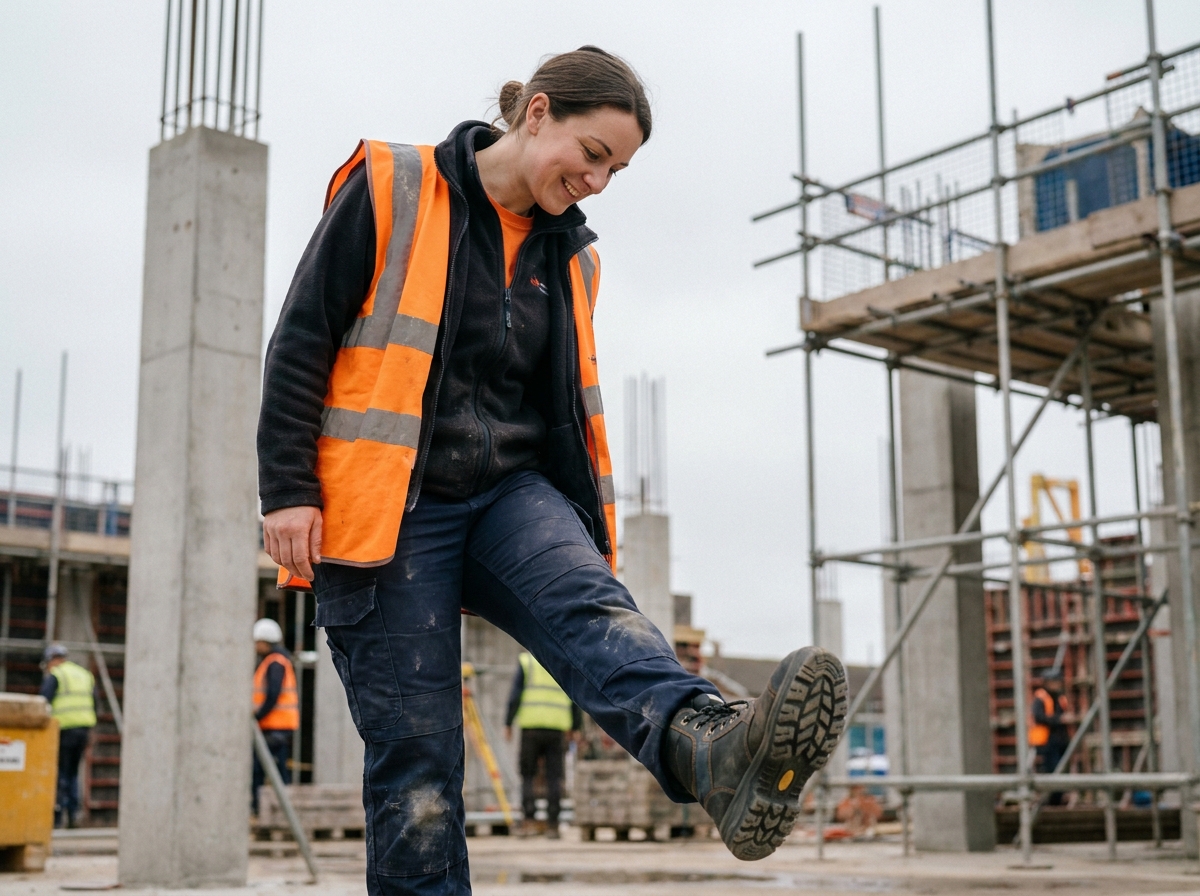 Femme ouvrière du bâtiment portant des chaussures de sécurité adaptées à la morphologie féminine sur un chantier en construction