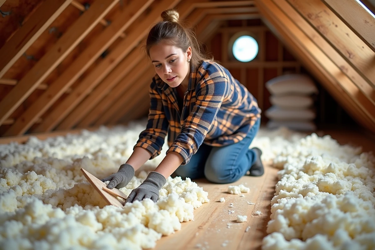 Femme bricoleur étalant la ouate de cellulose soufflée dans les combles pour une isolation thermique efficace