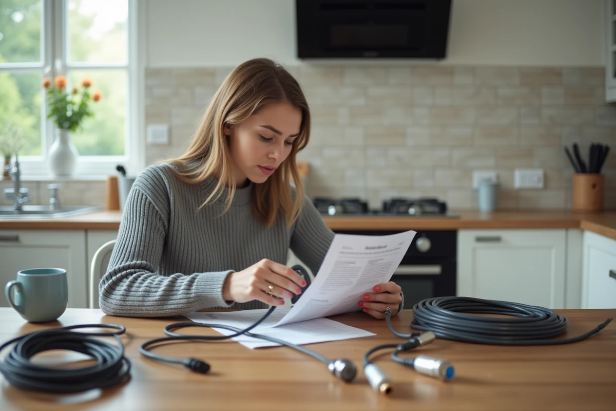 Jeune femme triant des câbles coaxiaux dans une cuisine lumineuse